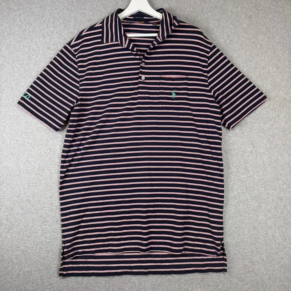 Polo Ralph Lauren Golf Navy Coral Striped Short Sleeve Polo Stretch Lisle M